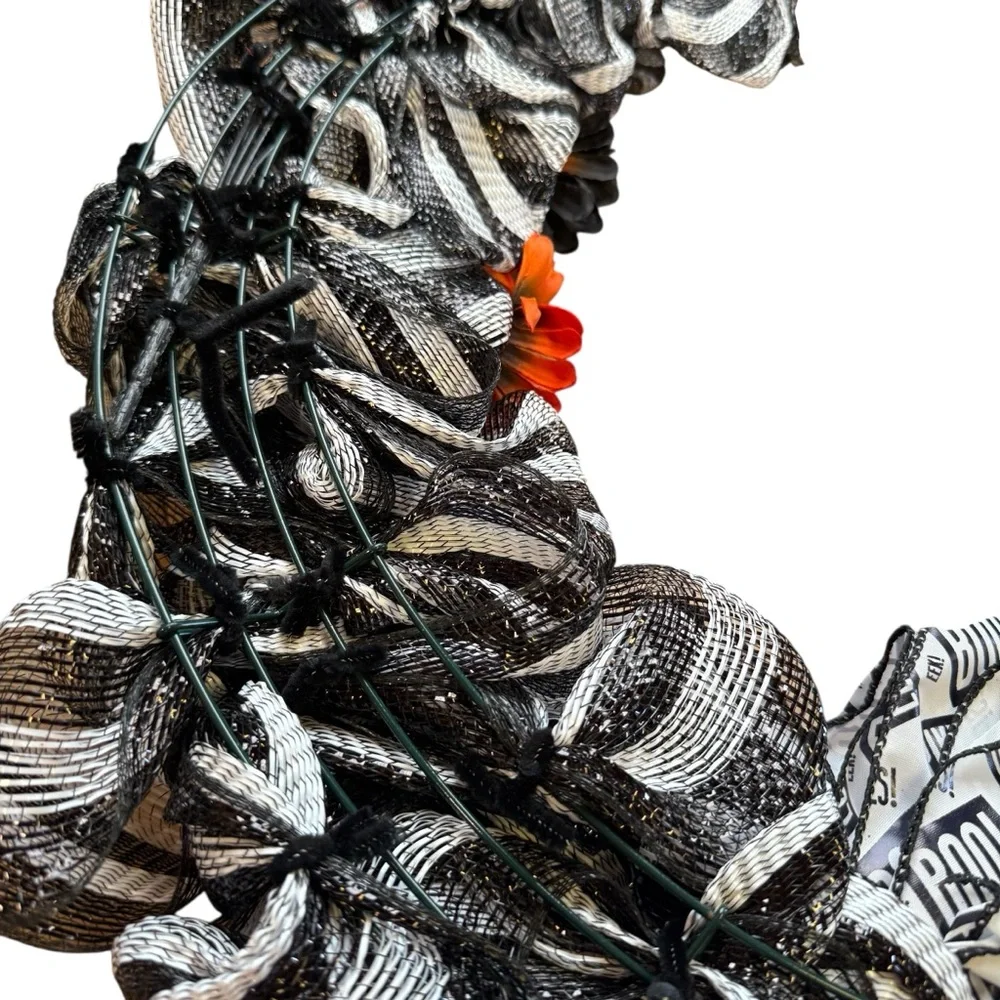 Black & White Striped Halloween Mesh Wreath Orange Flowers, BOO Bow & Bats 24